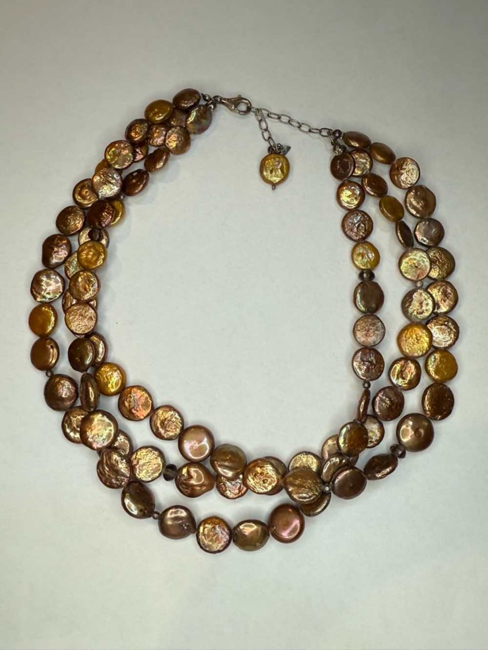 3-Strand Coin Pearl Necklace 925 Sterling Silver Clasp Gold Tone Freshwater Boho - Picture 9 of 16